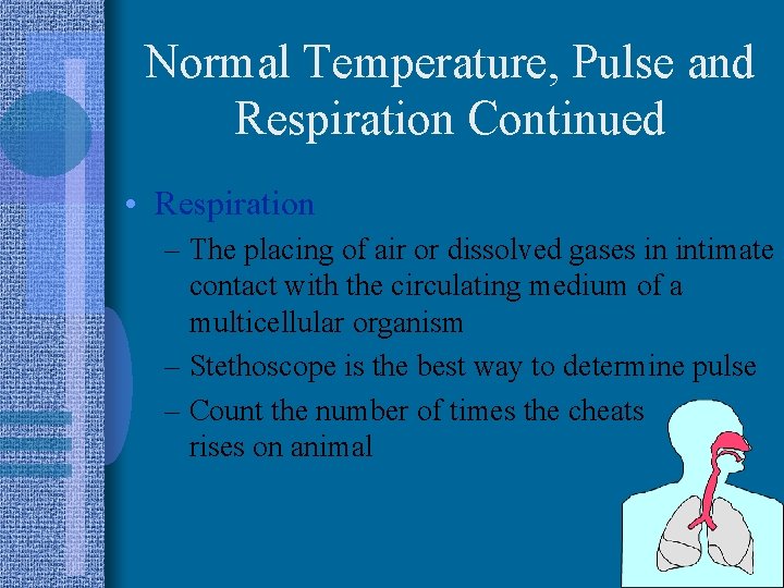 Normal Temperature, Pulse and Respiration Continued • Respiration – The placing of air or