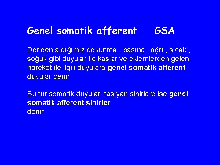 Genel somatik afferent GSA Deriden aldığımız dokunma , basınç , ağrı , sıcak ,