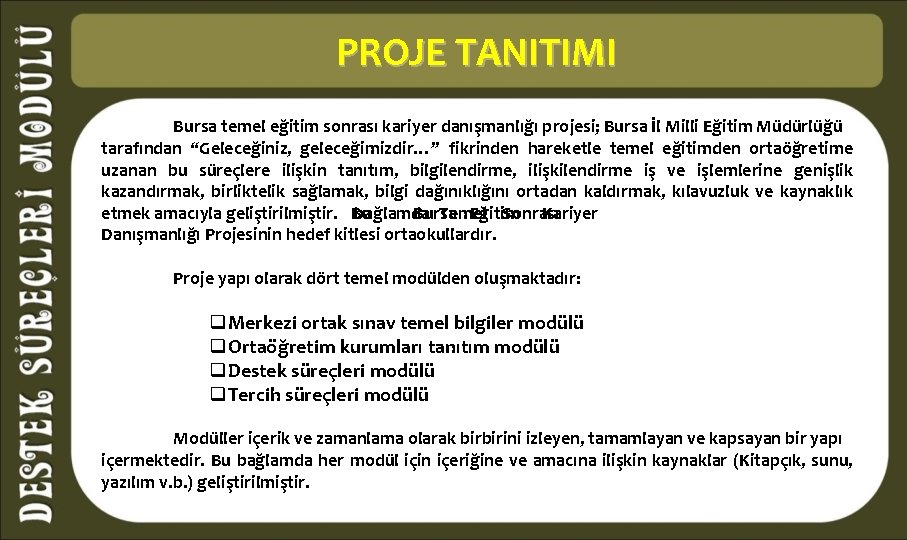 PROJE TANITIMI Bursa temel eğitim sonrası kariyer danışmanlığı projesi; Bursa İl Milli Eğitim Müdürlüğü