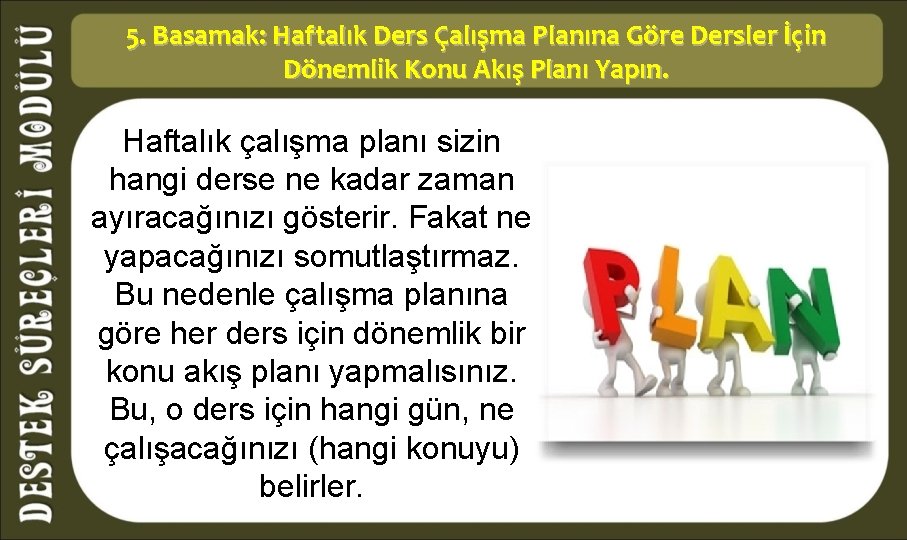 5. Basamak: Haftalık Ders Çalışma Planına Göre Dersler İçin Dönemlik Konu Akış Planı Yapın.