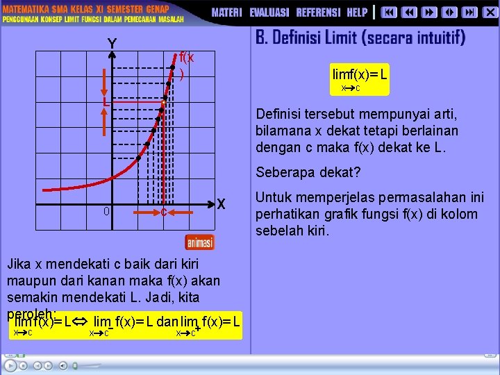 Y f(x ) limf (x) = L x® c L Definisi tersebut mempunyai arti,