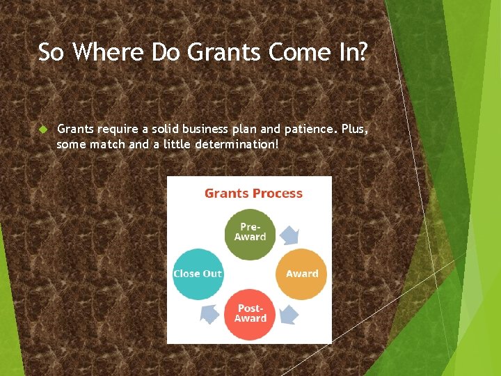 So Where Do Grants Come In? Grants require a solid business plan and patience.