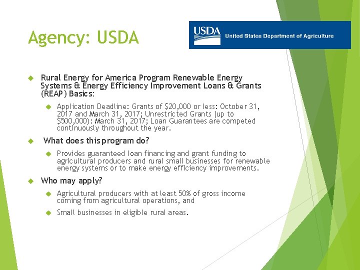 Agency: USDA Rural Energy for America Program Renewable Energy Systems & Energy Efficiency Improvement