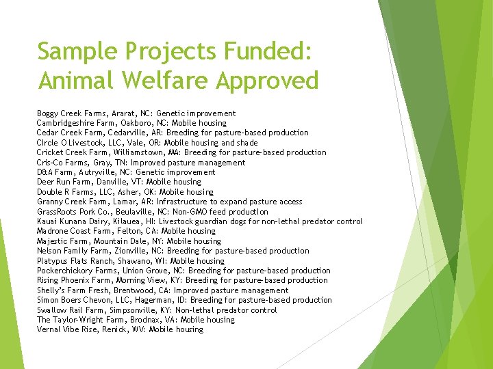 Sample Projects Funded: Animal Welfare Approved Boggy Creek Farms, Ararat, NC: Genetic improvement Cambridgeshire