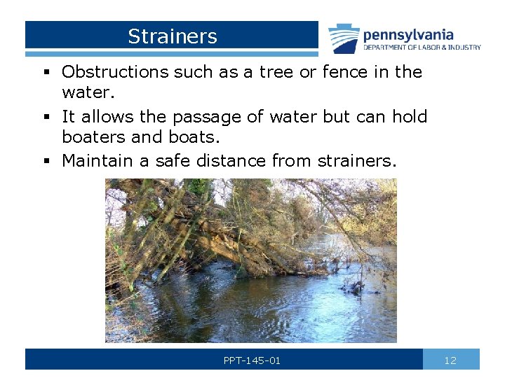 Strainers § Obstructions such as a tree or fence in the water. § It