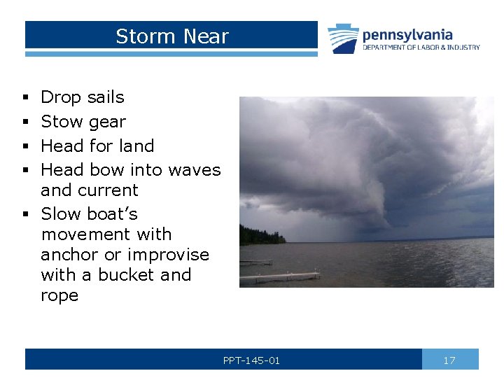 Storm Near Drop sails Stow gear Head for land Head bow into waves and