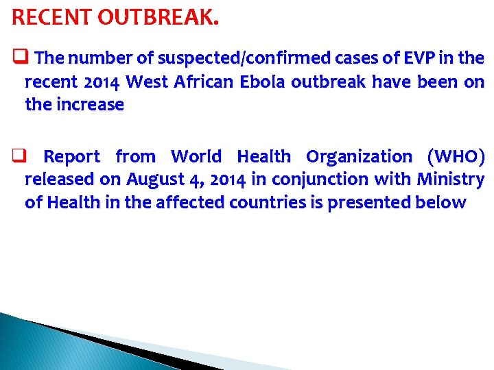 RECENT OUTBREAK. q The number of suspected/confirmed cases of EVP in the recent 2014