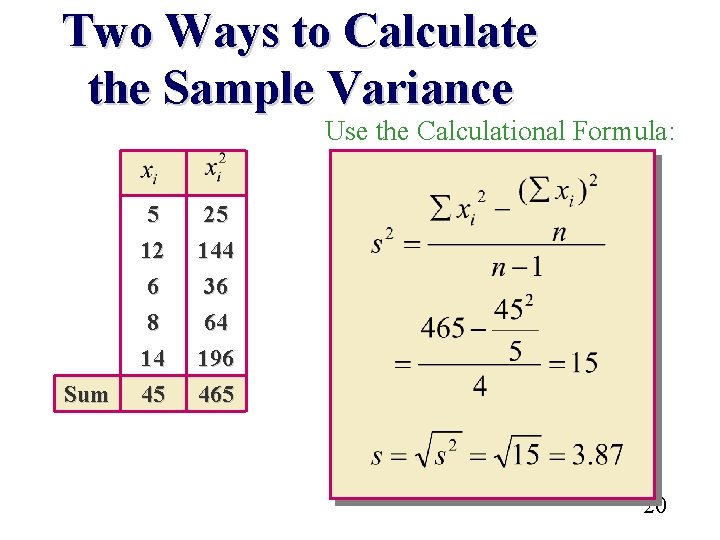 Two Ways to Calculate the Sample Variance Use the Calculational Formula: Sum 5 12