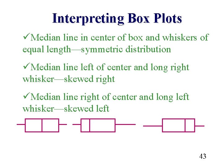 Interpreting Box Plots üMedian line in center of box and whiskers of equal length—symmetric