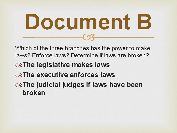 Document B Which of the three branches has the power to make laws? Enforce