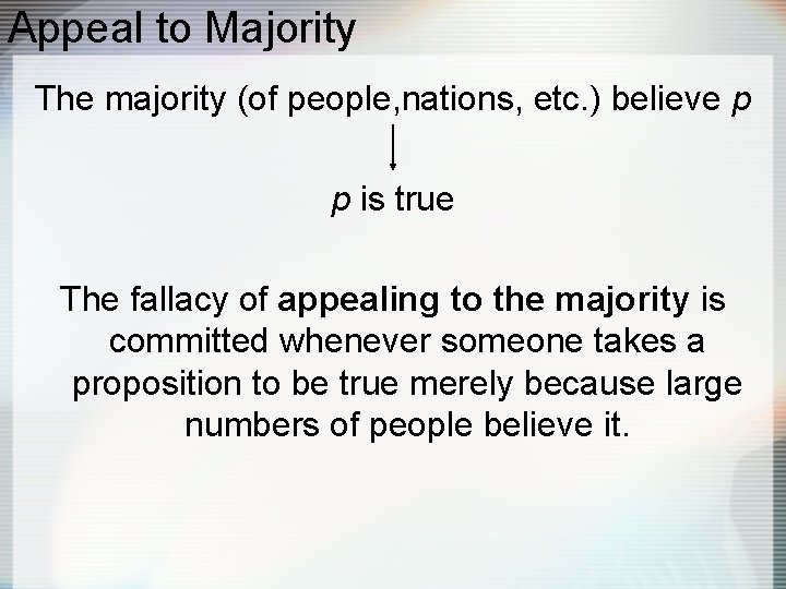 Appeal to Majority The majority (of people, nations, etc. ) believe p p is