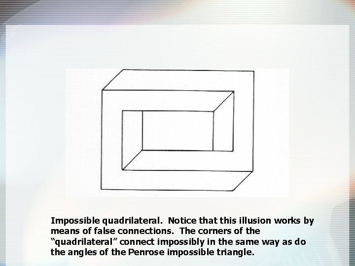 Impossible quadrilateral. Notice that this illusion works by means of false connections. The corners