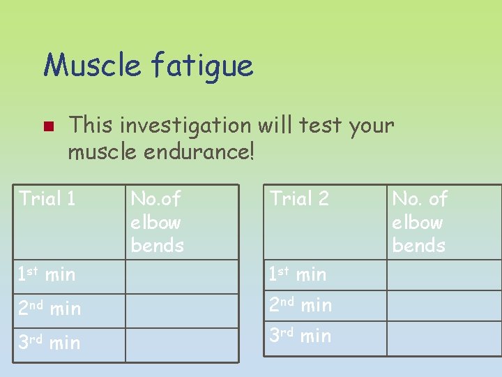 Muscle fatigue n This investigation will test your muscle endurance! Trial 1 No. of