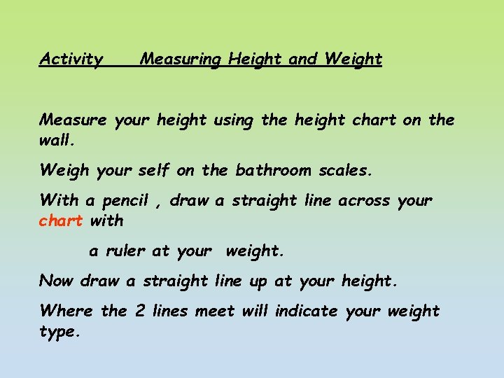 Activity Measuring Height and Weight Measure your height using the height chart on the