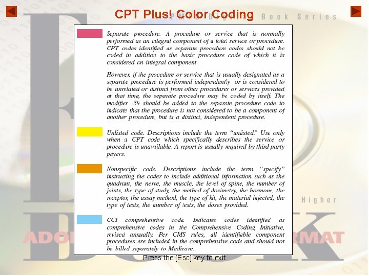 CPT Plus! Color Coding Press the [Esc] key to exit 
