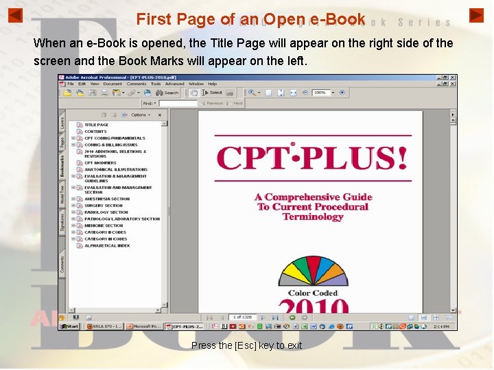 First Page of an Open e-Book When an e-Book is opened, the Title Page