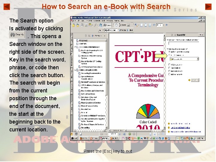 How to Search an e-Book with Search The Search option Is activated by clicking.