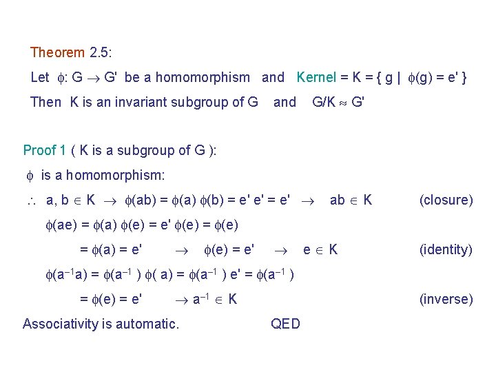 Theorem 2. 5: Let : G G' be a homomorphism and Kernel = K