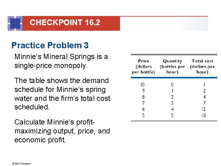CHECKPOINT 16. 2 Practice Problem 3 Minnie’s Mineral Springs is a single-price monopoly. The