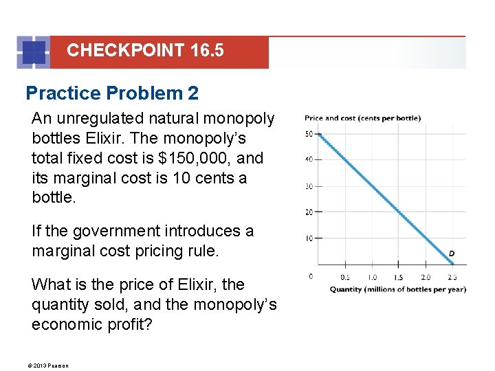 CHECKPOINT 16. 5 Practice Problem 2 An unregulated natural monopoly bottles Elixir. The monopoly’s