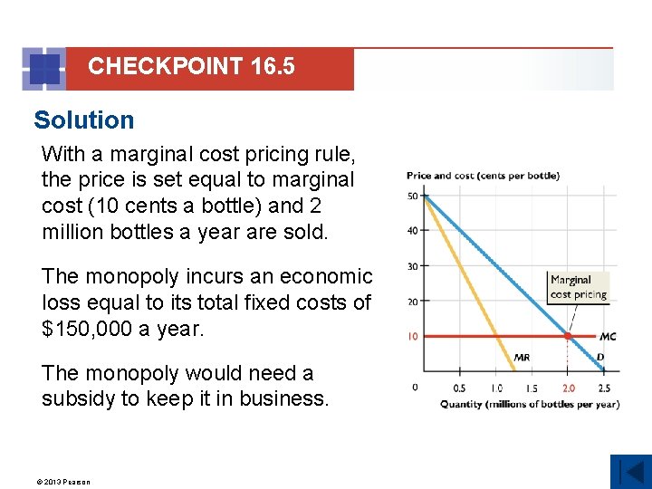 CHECKPOINT 16. 5 Solution With a marginal cost pricing rule, the price is set