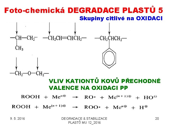 Foto-chemická DEGRADACE PLASTŮ 5 Skupiny citlivé na OXIDACI VLIV KATIONTŮ KOVŮ PŘECHODNÉ VALENCE NA