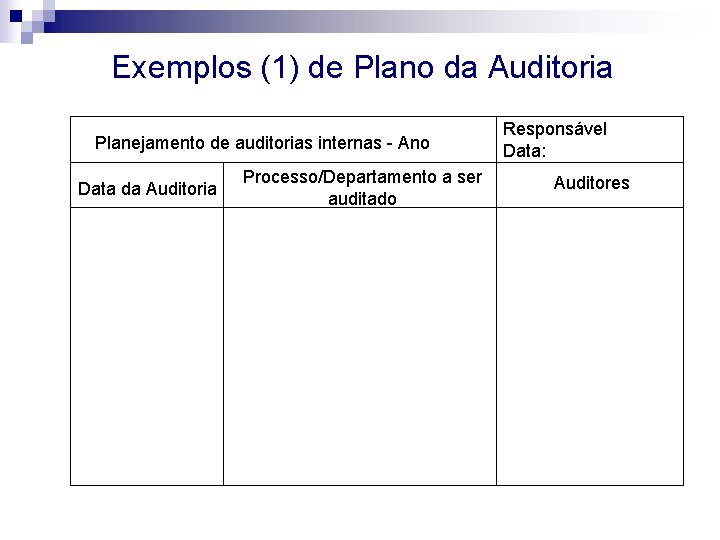 Exemplos (1) de Plano da Auditoria Planejamento de auditorias internas - Ano Data da