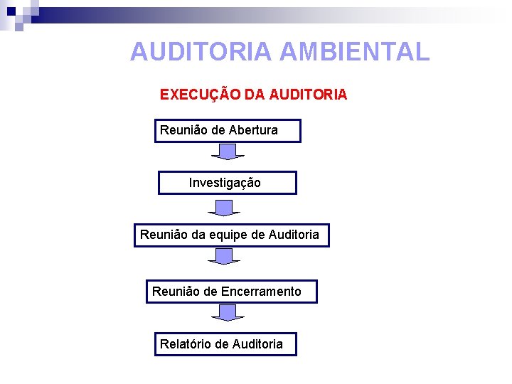 AUDITORIA AMBIENTAL EXECUÇÃO DA AUDITORIA Reunião de Abertura Investigação Reunião da equipe de Auditoria