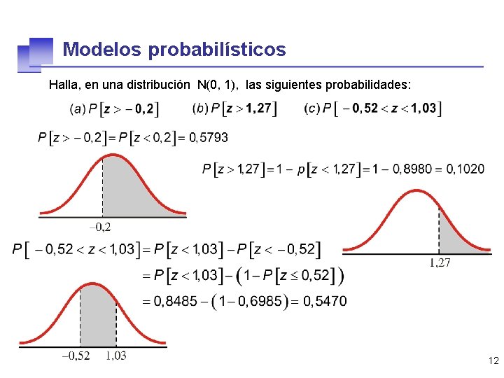 Modelos probabilísticos Halla, en una distribución N(0, 1), las siguientes probabilidades: 12 