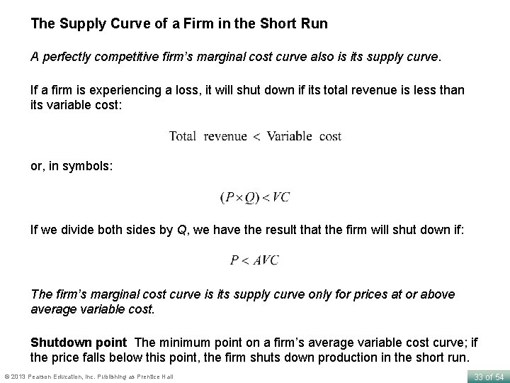 The Supply Curve of a Firm in the Short Run A perfectly competitive firm’s