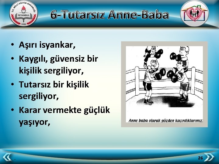 6 -Tutarsız Anne-Baba • Aşırı isyankar, • Kaygılı, güvensiz bir kişilik sergiliyor, • Tutarsız