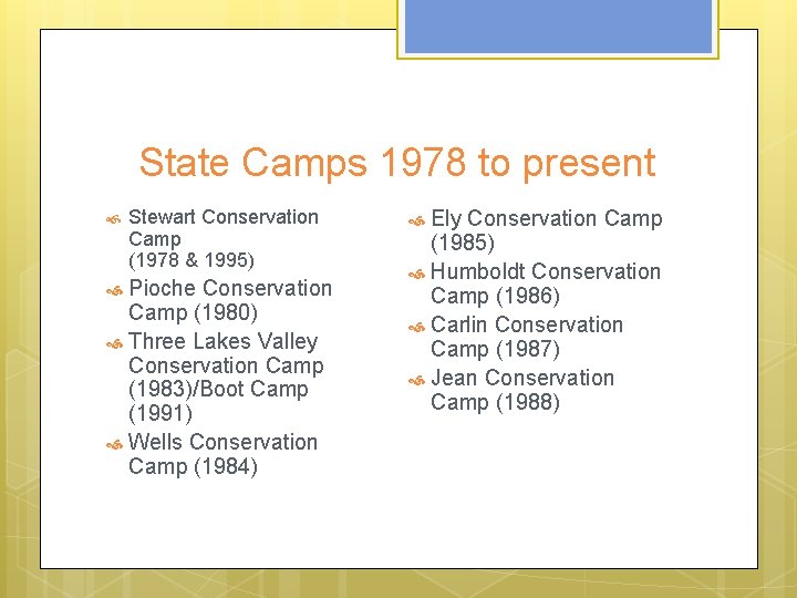 State Camps 1978 to present Stewart Conservation Camp (1978 & 1995) Pioche Conservation Camp