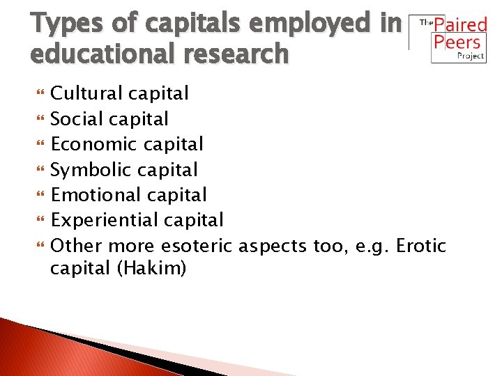 Types of capitals employed in educational research Cultural capital Social capital Economic capital Symbolic