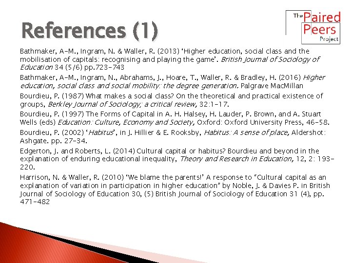 References (1) Bathmaker, A-M. , Ingram, N. & Waller, R. (2013) ‘Higher education, social