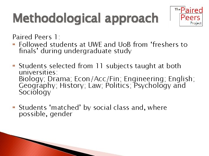 Methodological approach Paired Peers 1: Followed students at UWE and Uo. B from ‘freshers