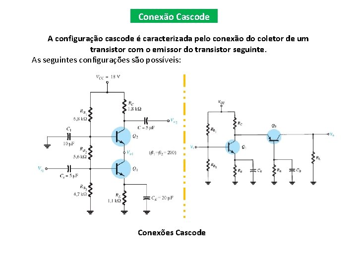 Conexão Cascode A configuração cascode é caracterizada pelo conexão do coletor de um transistor