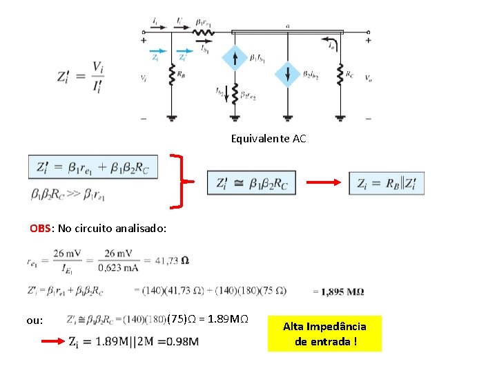 Equivalente AC OBS: No circuito analisado: (75)Ω = 1. 89 MΩ ou: Alta Impedância