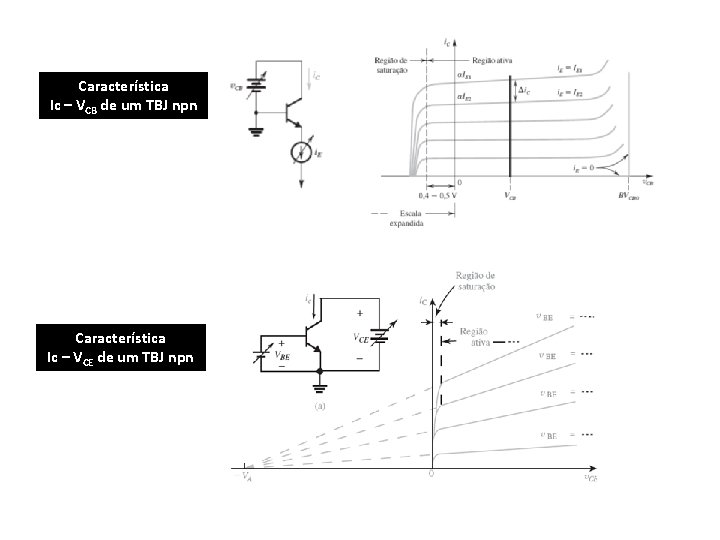 Característica Ic – VCB de um TBJ npn Característica Ic – VCE de um