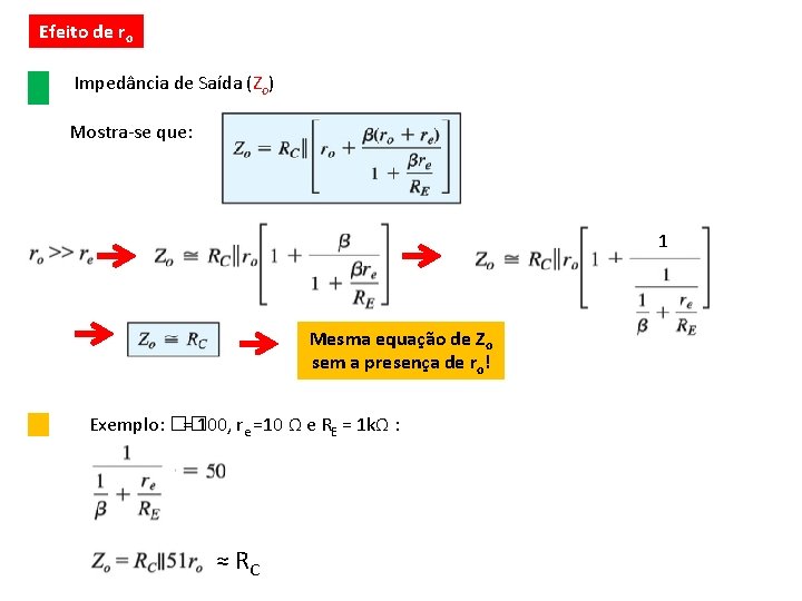 Efeito de ro Impedância de Saída (Zo) Mostra-se que: 1 Mesma equação de Zo