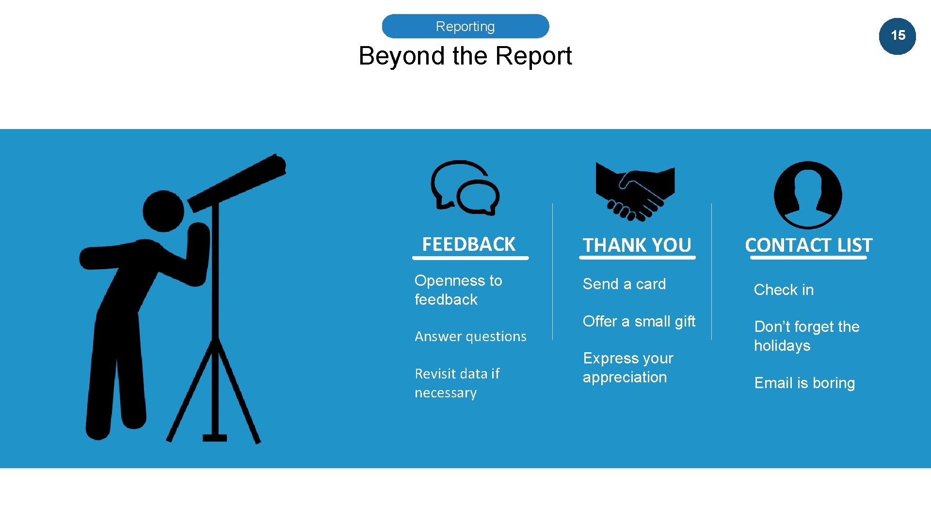 Reporting 15 Beyond the Report FEEDBACK Openness to feedback Answer questions Revisit data if