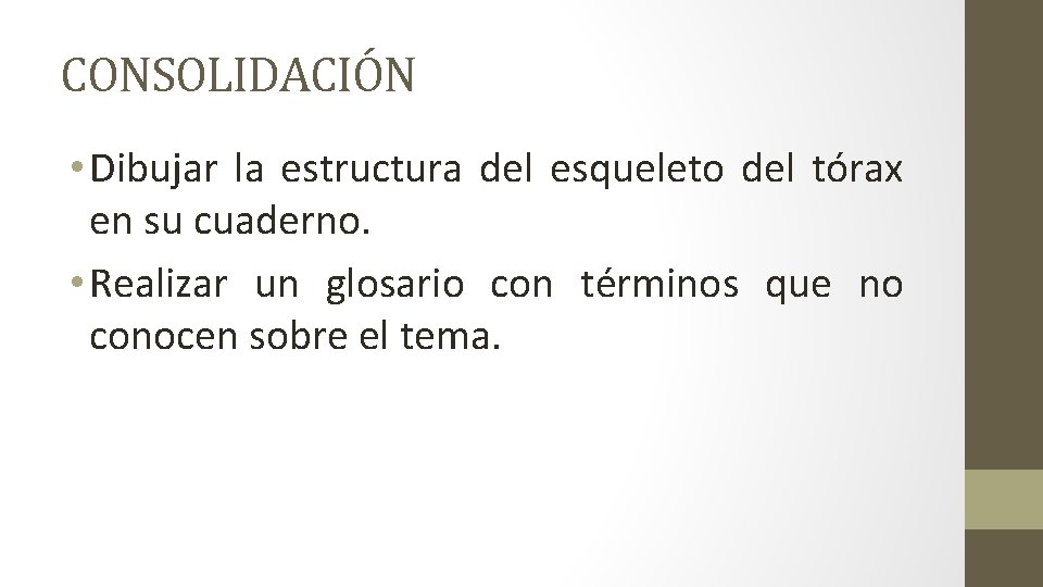 CONSOLIDACIÓN • Dibujar la estructura del esqueleto del tórax en su cuaderno. • Realizar