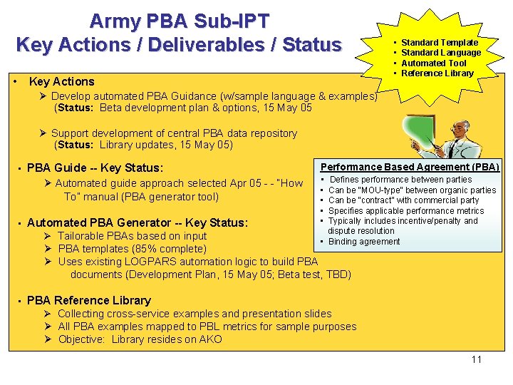 Army PBA Sub-IPT Key Actions / Deliverables / Status • Key Actions Ø Develop