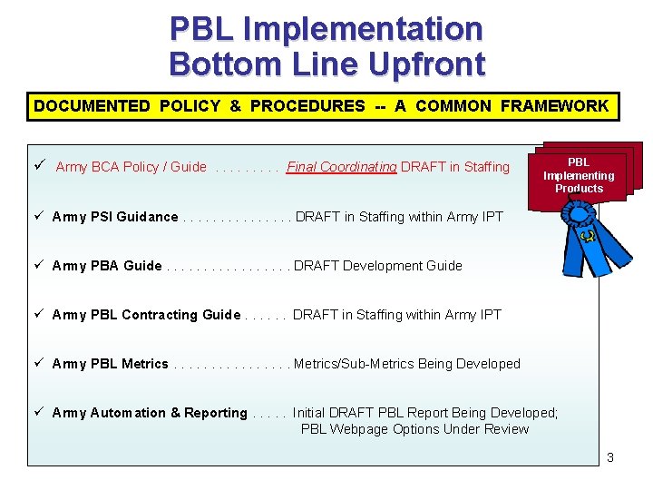 PBL Implementation Bottom Line Upfront DOCUMENTED POLICY & PROCEDURES -- A COMMON FRAMEWORK ü