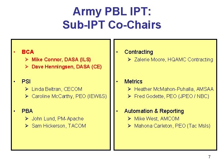 Army PBL IPT: Sub-IPT Co-Chairs • BCA • Ø Mike Connor, DASA (ILS) Ø