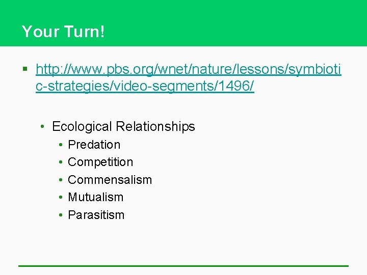 Your Turn! § http: //www. pbs. org/wnet/nature/lessons/symbioti c-strategies/video-segments/1496/ • Ecological Relationships • • •
