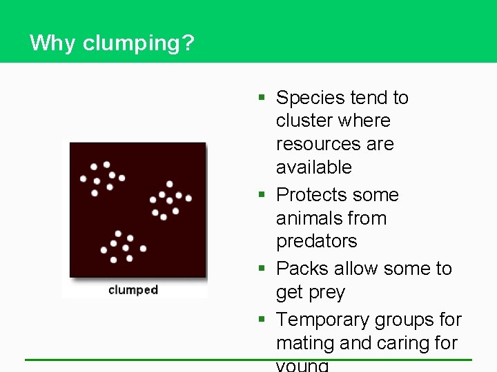 Why clumping? § Species tend to cluster where resources are available § Protects some