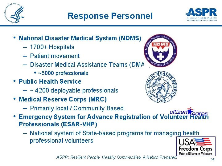 Response Personnel • National Disaster Medical System (NDMS) ─ 1700+ Hospitals ─ Patient movement