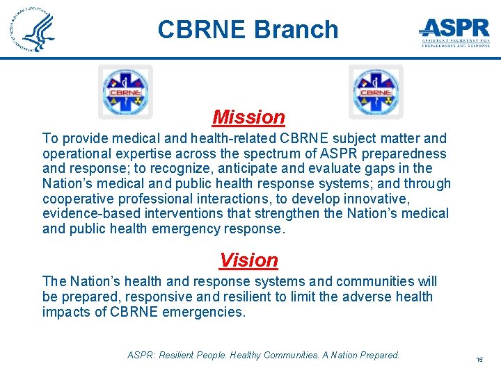 CBRNE Branch Mission To provide medical and health-related CBRNE subject matter and operational expertise