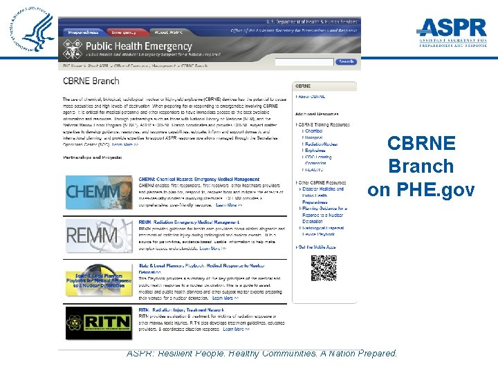 CBRNE Branch on PHE. gov ASPR: Resilient People. Healthy Communities. A Nation Prepared. 
