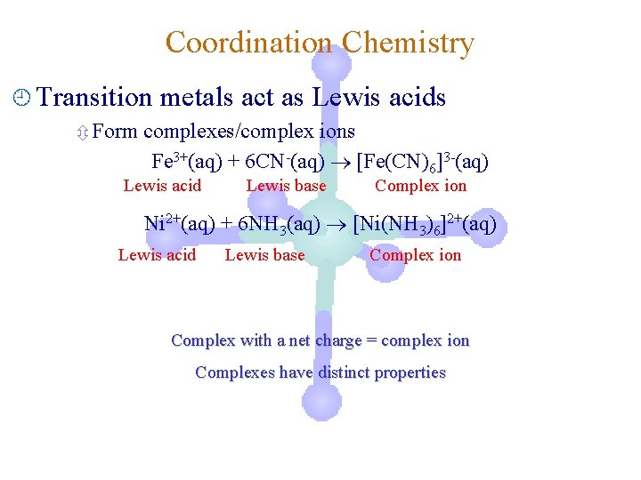 Coordination Chemistry ¿ Transition ô Form metals act as Lewis acids complexes/complex ions Fe